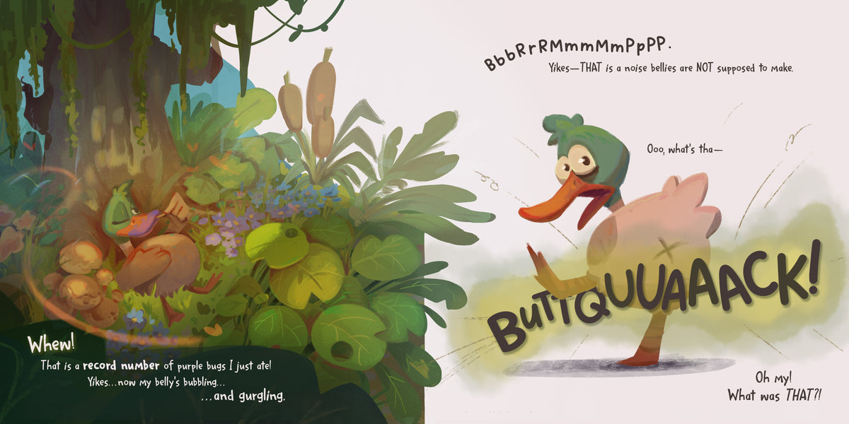 A split-panel illustrated scene from ButtQuack: The Origin Story showing a colorful forest on the left and a cartoon duck character on a pale background on the right, with large stylized text reading 'BUT GUAAAACK!' and smaller text bubbles.