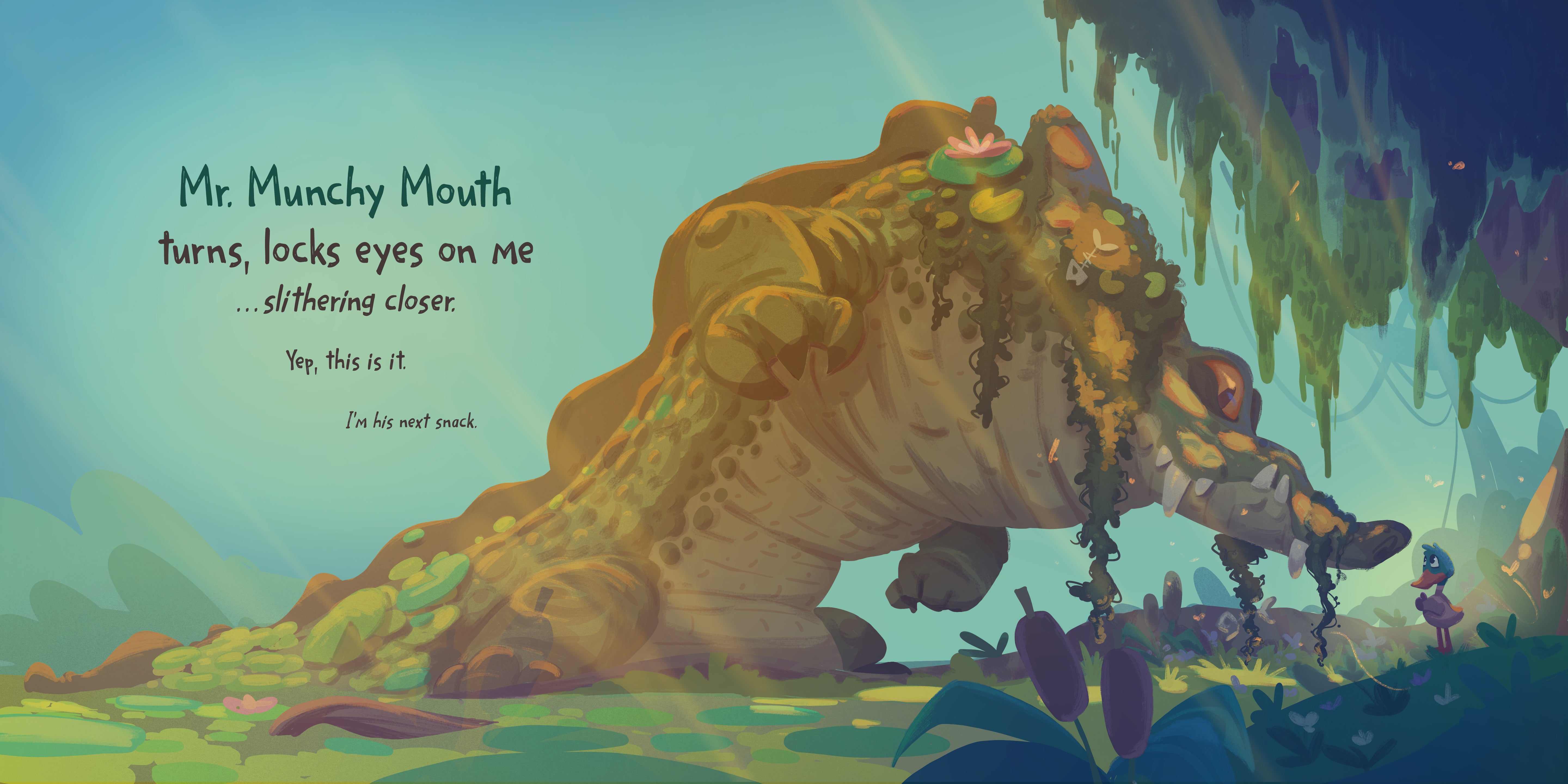 A whimsical illustrated scene from ButtQuack: The Origin Story showing a large crocodile-like creature intimidating a small duck in a swampy landscape, with text on the left reading, 'Mr. Munchy Mouth turns, locks eyes on me.