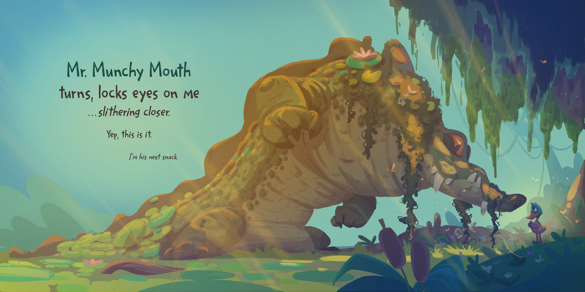 A whimsical illustrated scene from ButtQuack: The Origin Story showing a large crocodile-like creature intimidating a small duck in a swampy landscape, with text on the left reading, 'Mr. Munchy Mouth turns, locks eyes on me.