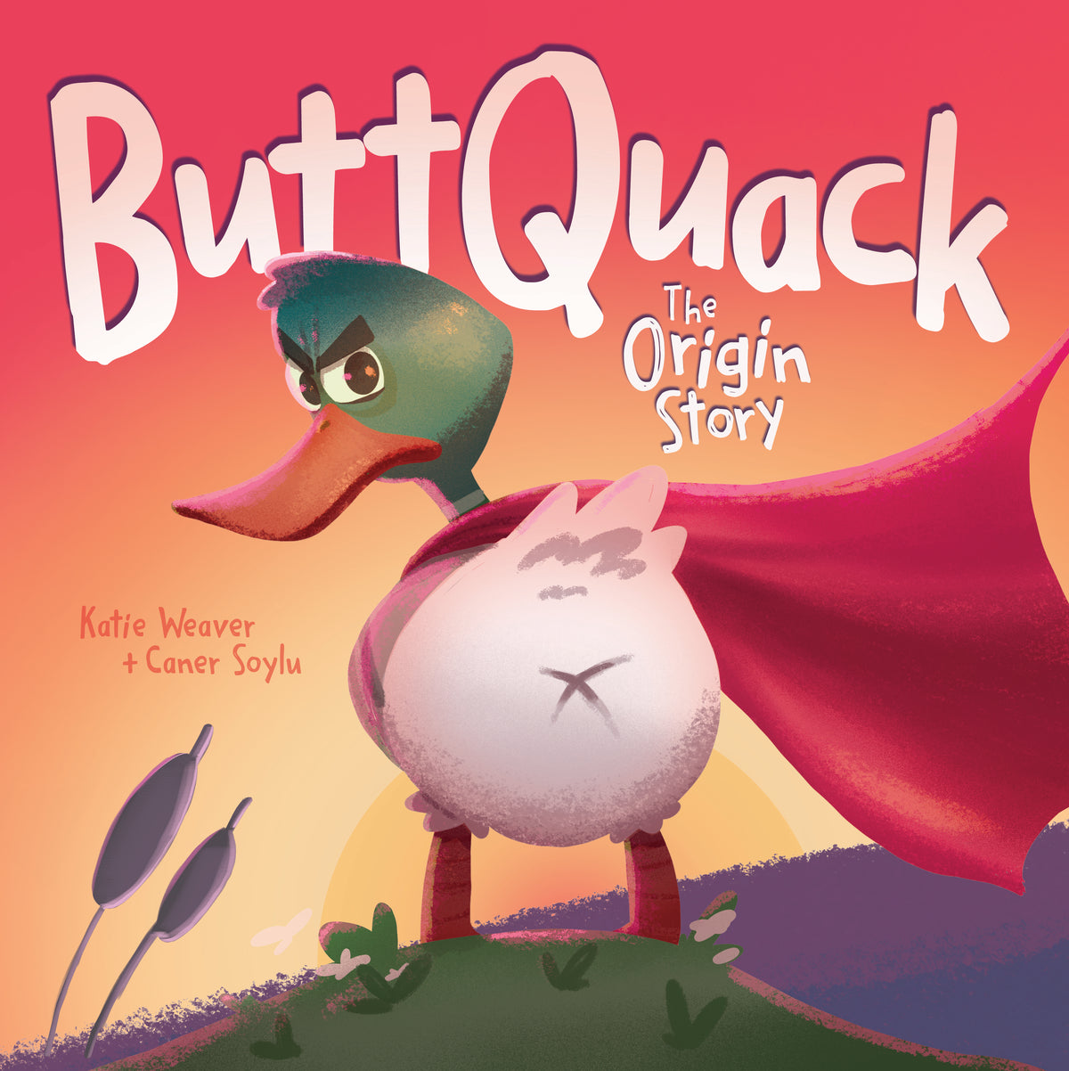 Illustrated book cover for 'ButtQuack: The Origin Story' showing a cartoon duck with a round white body, green head, orange beak, red cape, and angry expression on a warm pink-orange background.